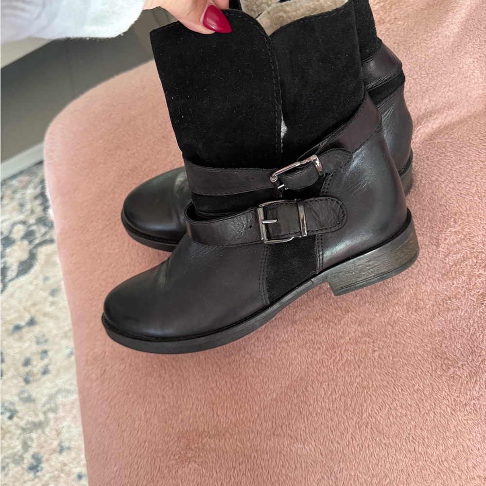 Aldo Black Leather and Suede Buckle Ankle Boots